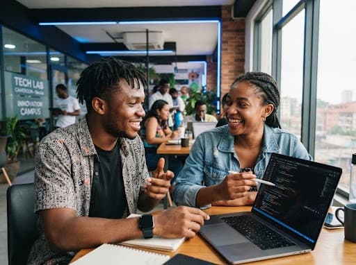 Two African tech professionals collaborating on code at a laptop in a modern workspace