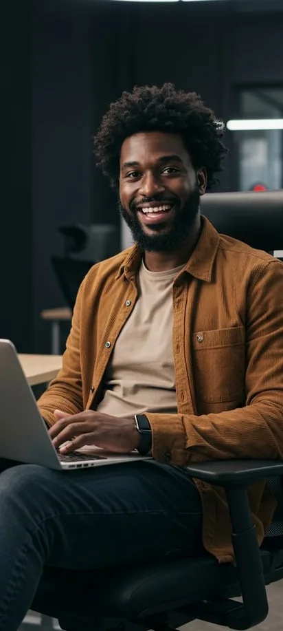 A developer working on a laptop in a dim, focused workspace