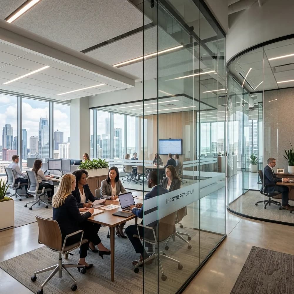 A hiring team meeting around a table in a bright modern office