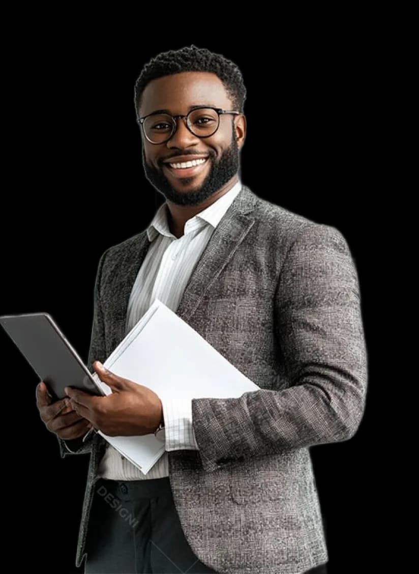 A smiling professional holding a tablet and documents